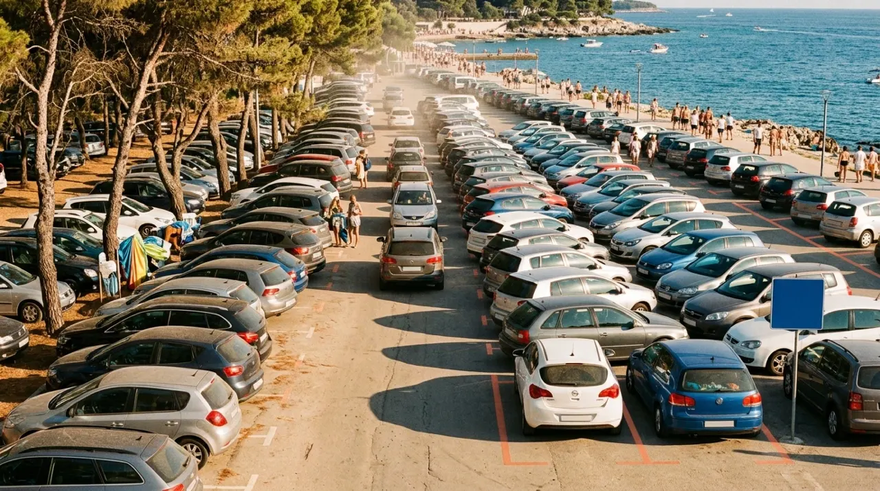 Parcheggio pieno dietro il lungomare in alta stagione