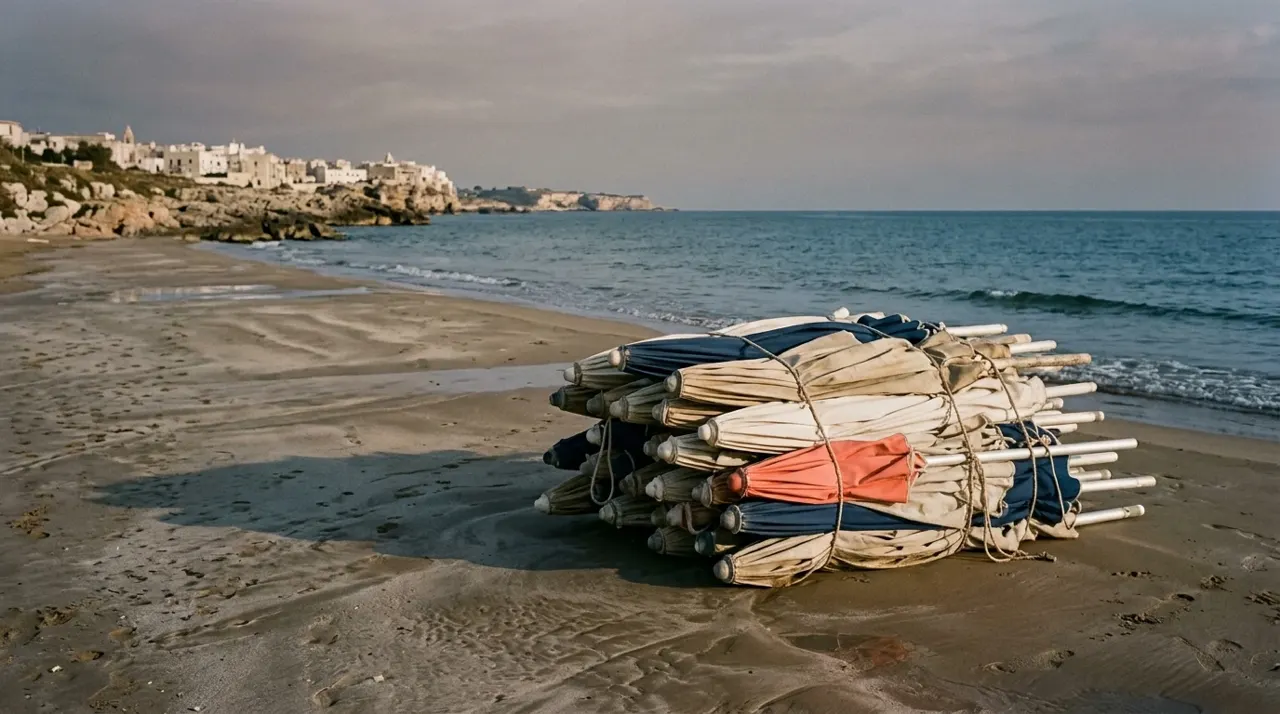 Ombrelloni chiusi a fine stagione sulla costa