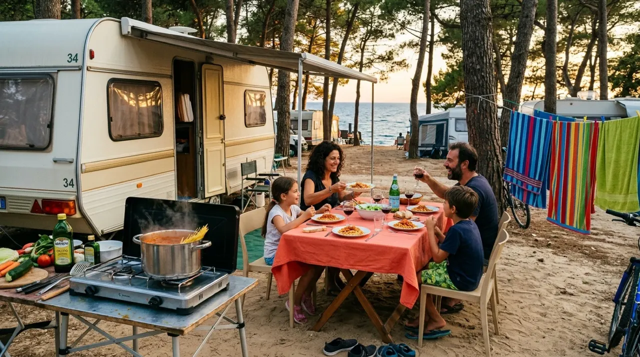 Cucina all'aperto davanti a una casa mobile