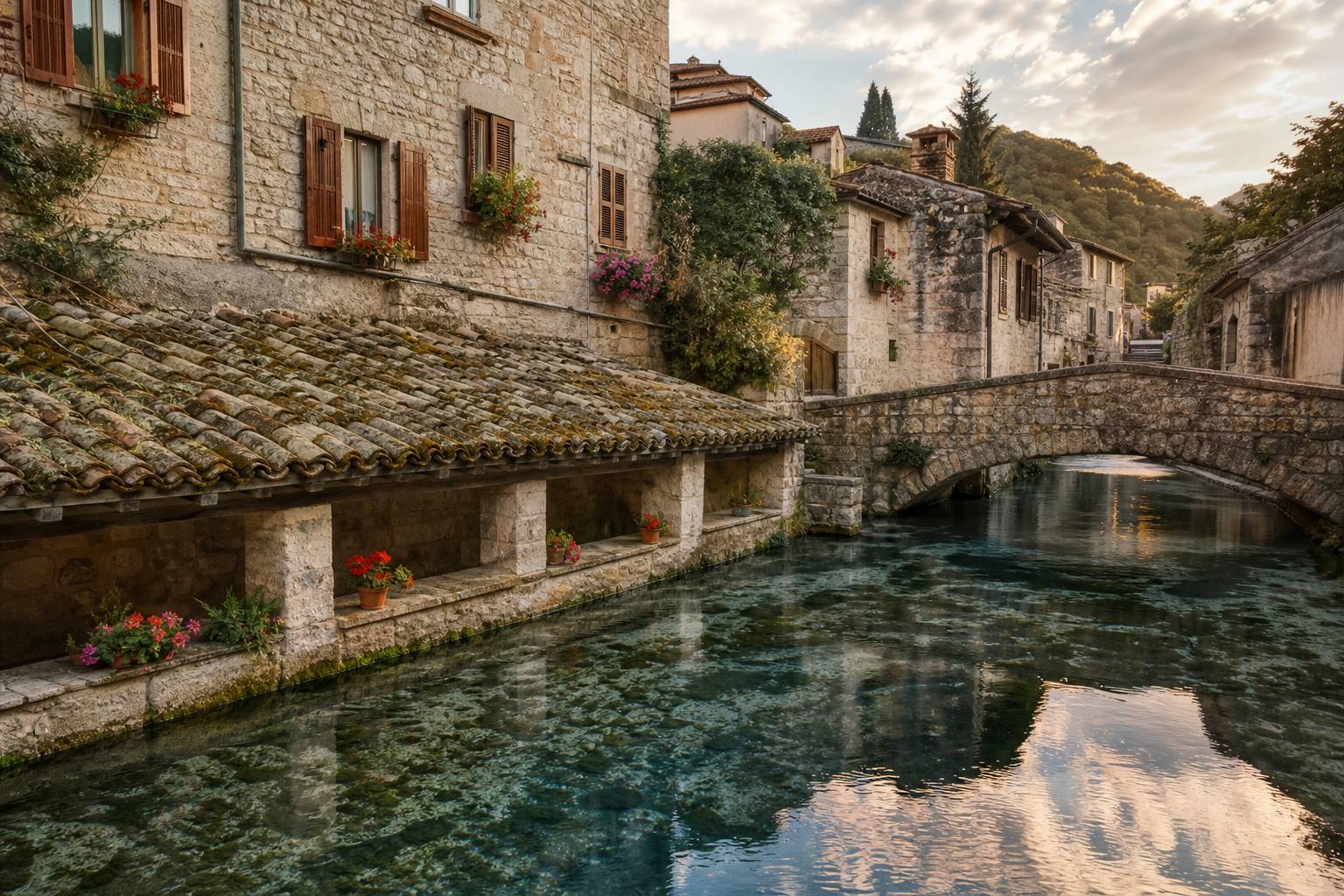 Lavoir en pierre au bord du canal principal de Rasiglia village ombrien surnommé la petite Venise