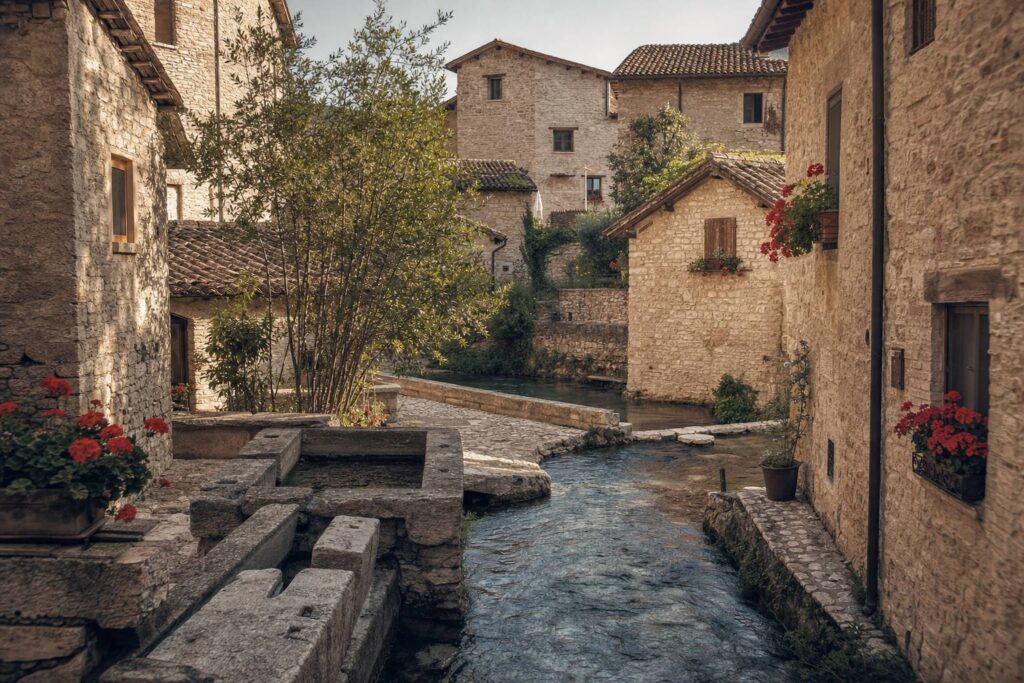 Vue panoramique du village médiéval de Rasiglia en Ombrie avec ses canaux d eau cristalline et maisons en pierre