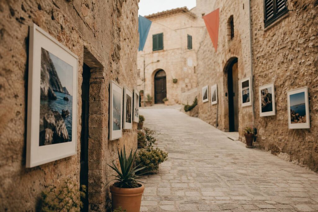 Ruelle médiévale toscane avec photographies encadrées exposées sur les murs de pierre
