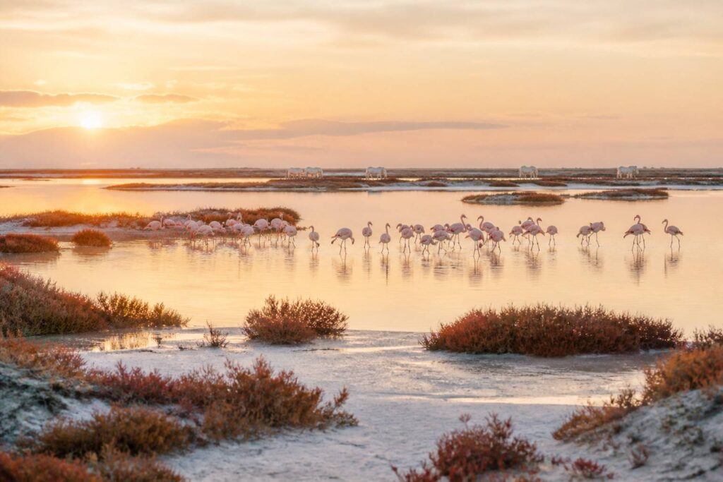 Paysage de Camargue au coucher du soleil avec flamants roses dans les marais et chevaux blancs