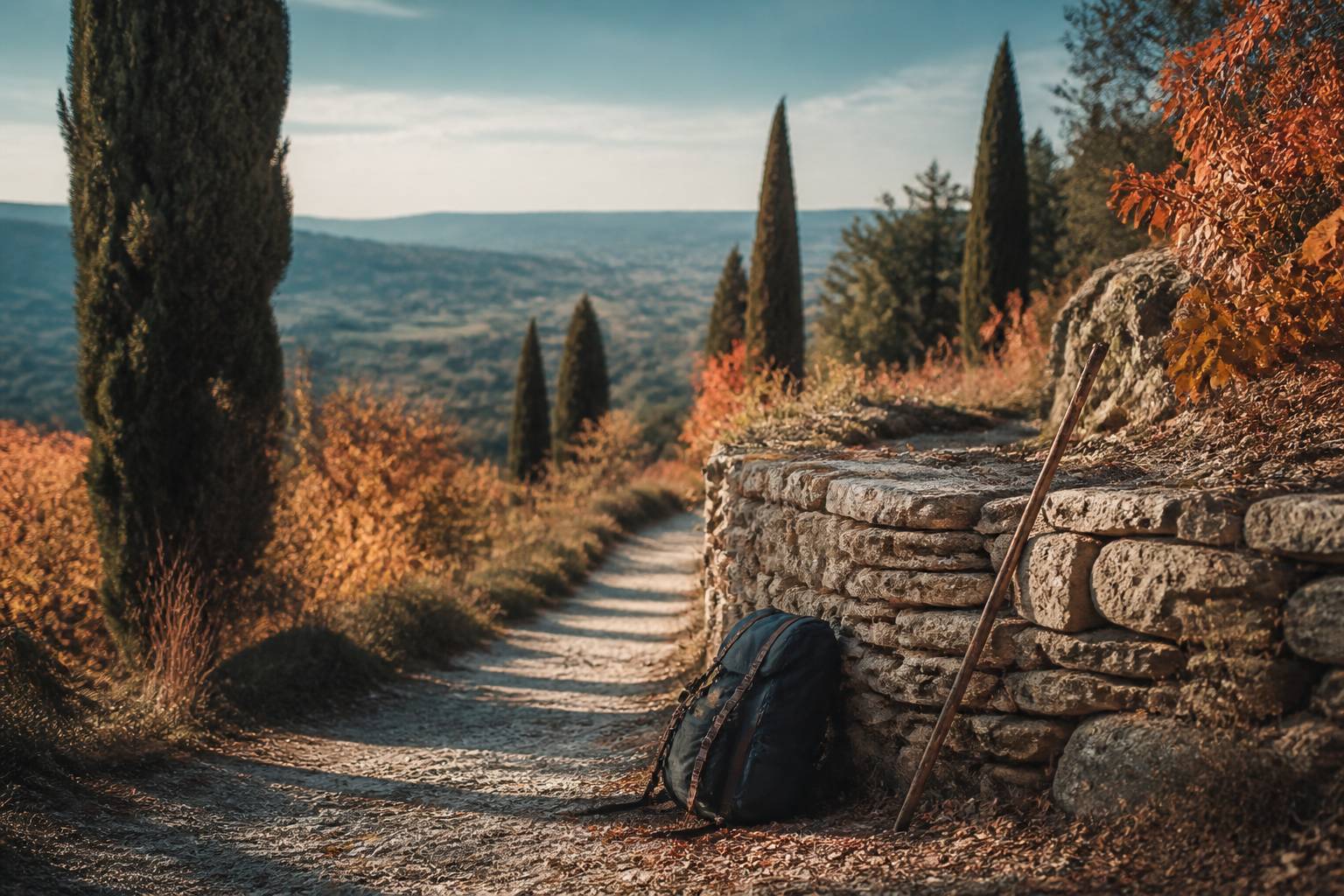 Chemin de randonnée bordé de cyprès avec feuilles d'automne
