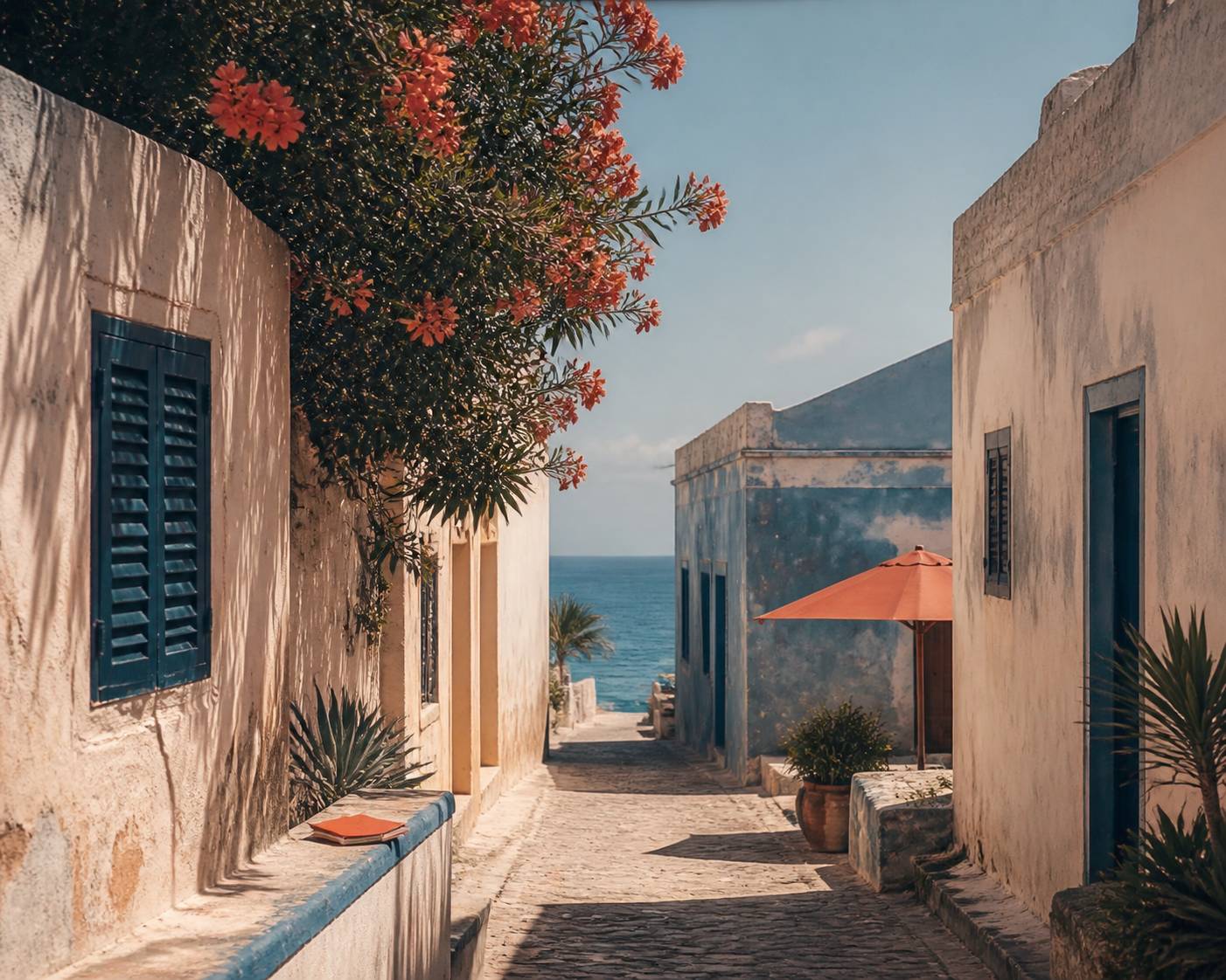 Ruelle pavée coloniale du Cap Vert aux maisons colorées