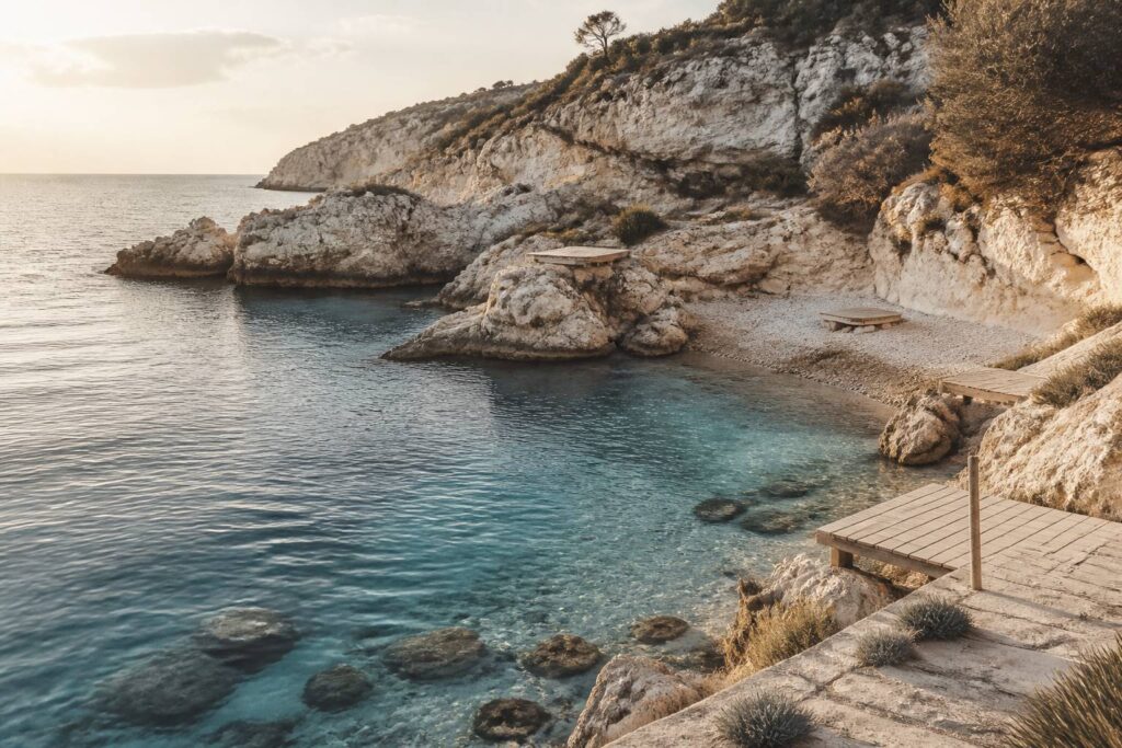 Costa rocciosa adriatica con calette di ciottoli e acqua turchese