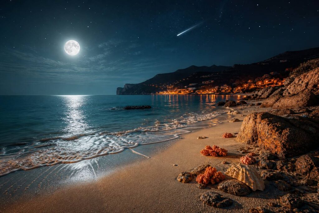 Côte adriatique la nuit avec pleine lune au-dessus de la mer et traînée lumineuse de comète dans le ciel étoilé