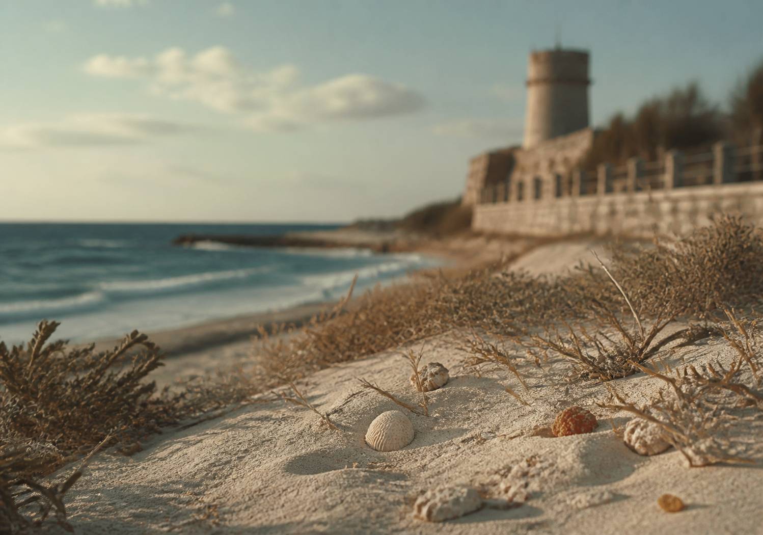 Dune de sable avec plantes du littoral et tour côtière au loin