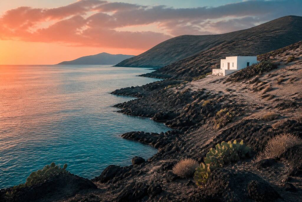Île aride avec cactus et côte rocheuse au coucher du soleil
