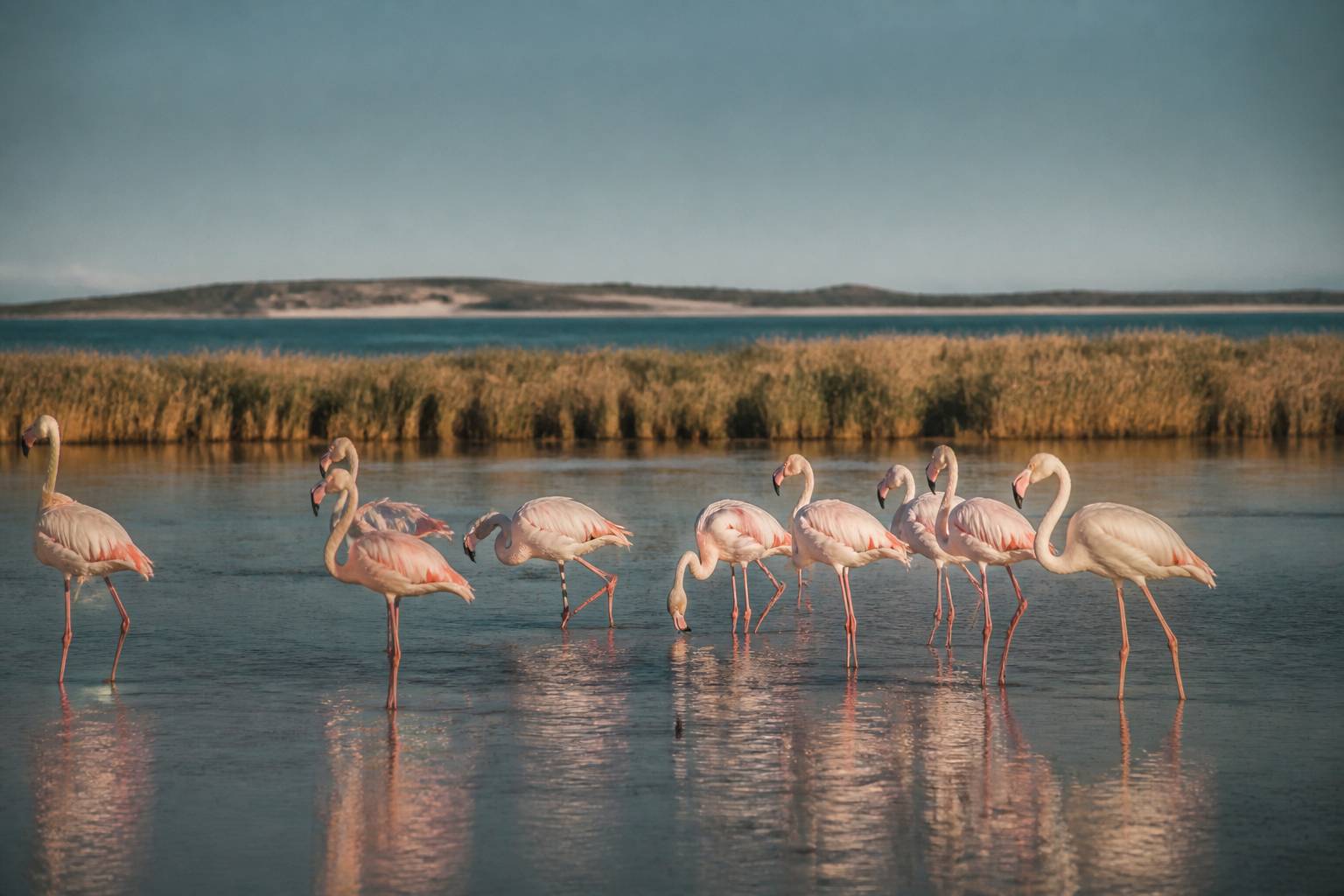 Groupe de flamants roses dans une lagune peu profonde avec reflets et roseaux