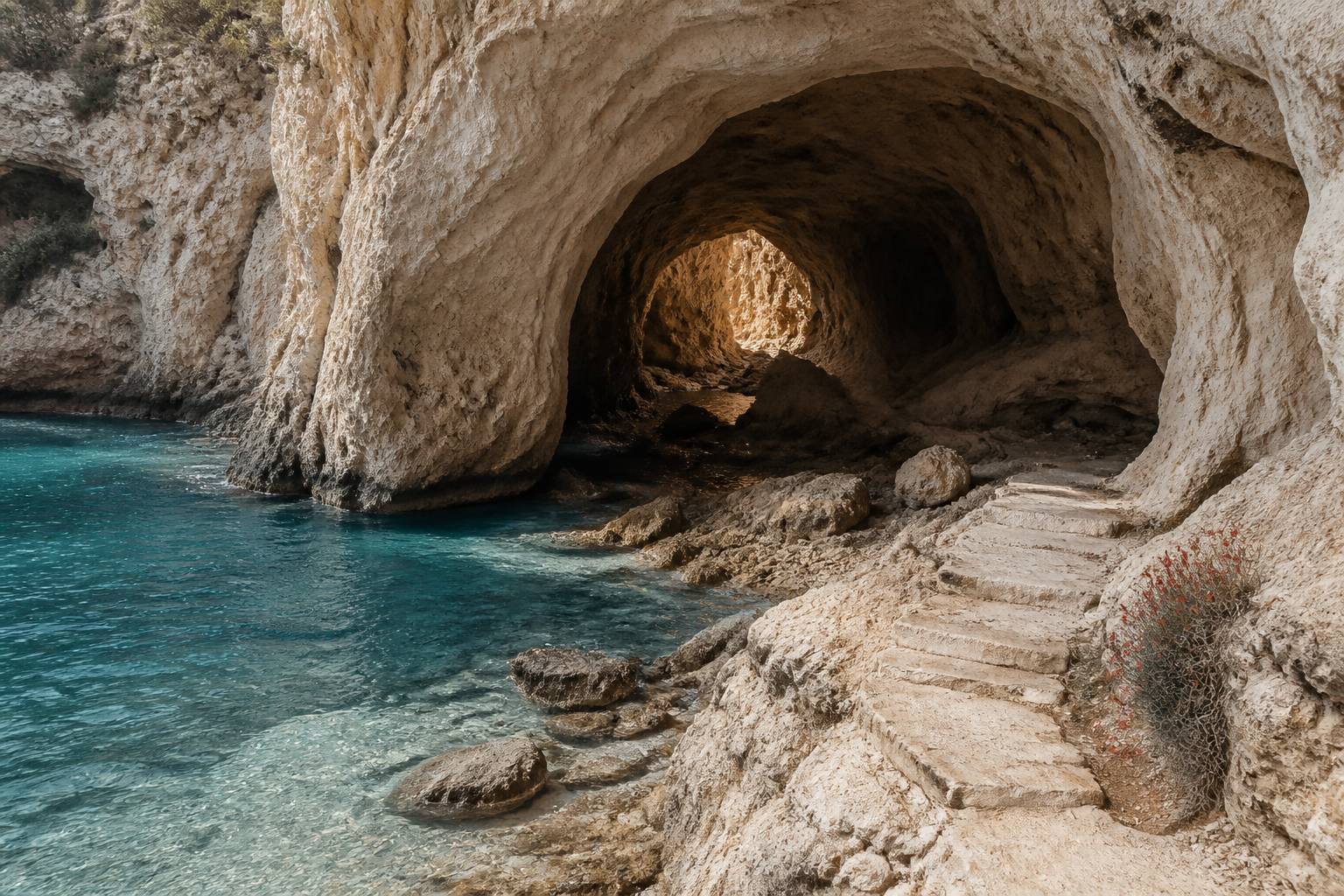 Entrée d'une grotte marine préhistorique aux rochers clairs