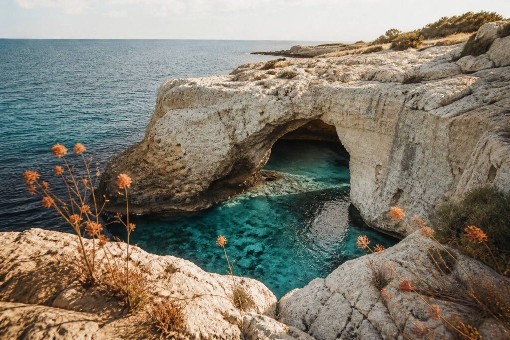 Ingresso di una grotta marina con acqua turchese sulla costa salentina