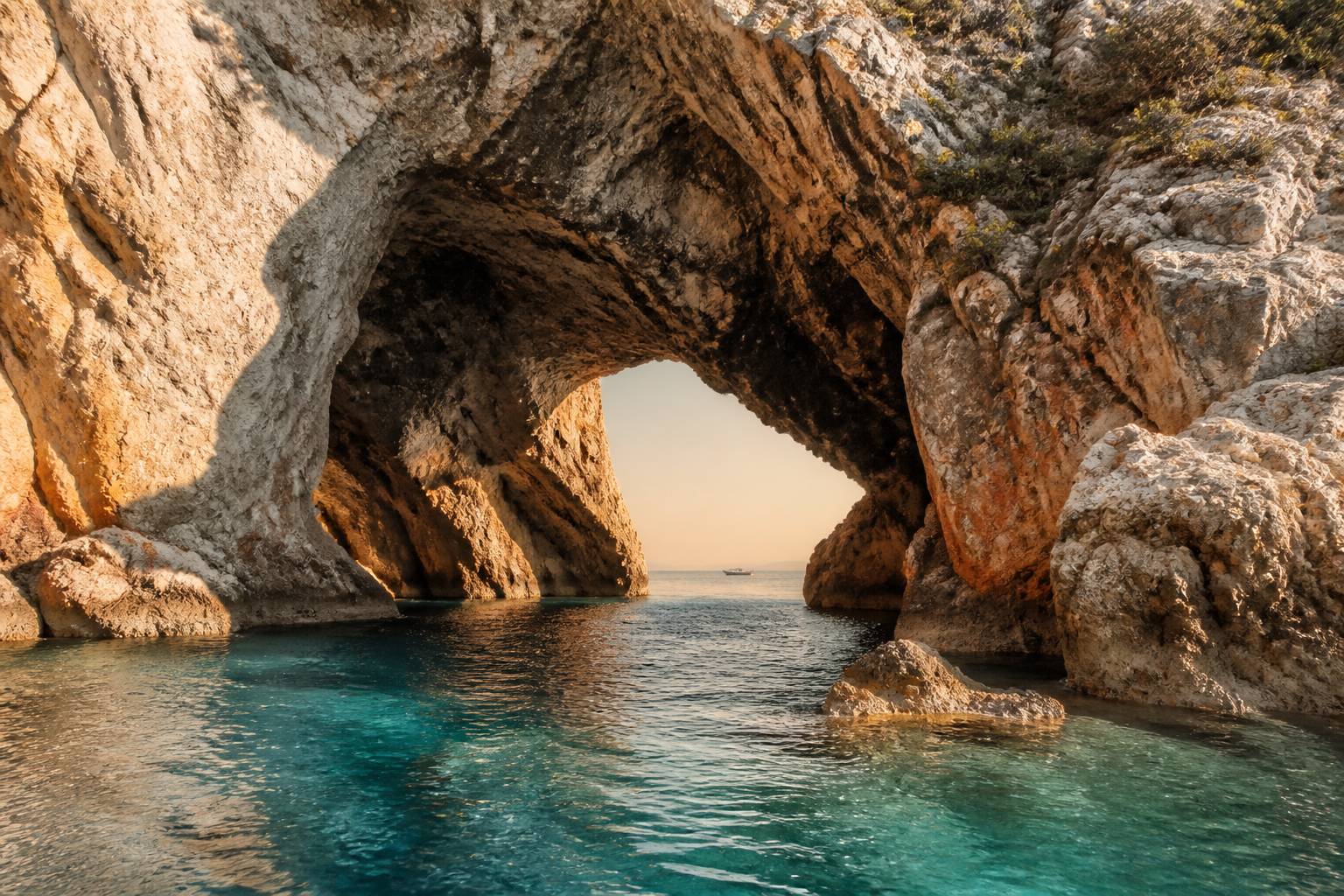 Ingresso di grotta marina nella falesia calcarea sull'acqua cristallina