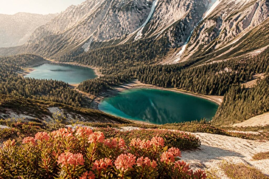 Deux lacs de montagne jumeaux entourés de forêts et de parois alpines