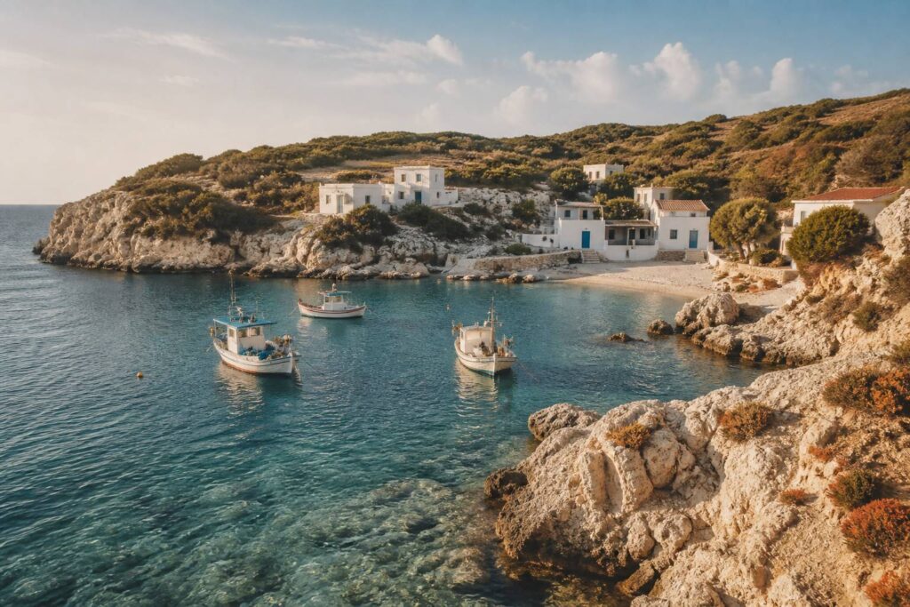 Crique turquoise d'une petite île méditerranéenne aux rochers clairs