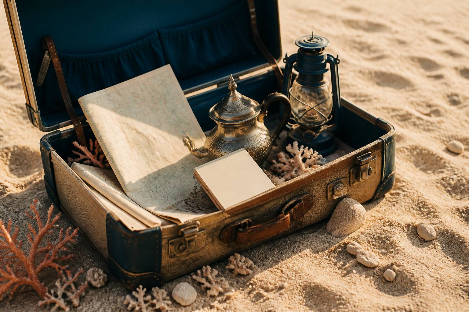 Valise ouverte avec carte et objets de voyage marocains