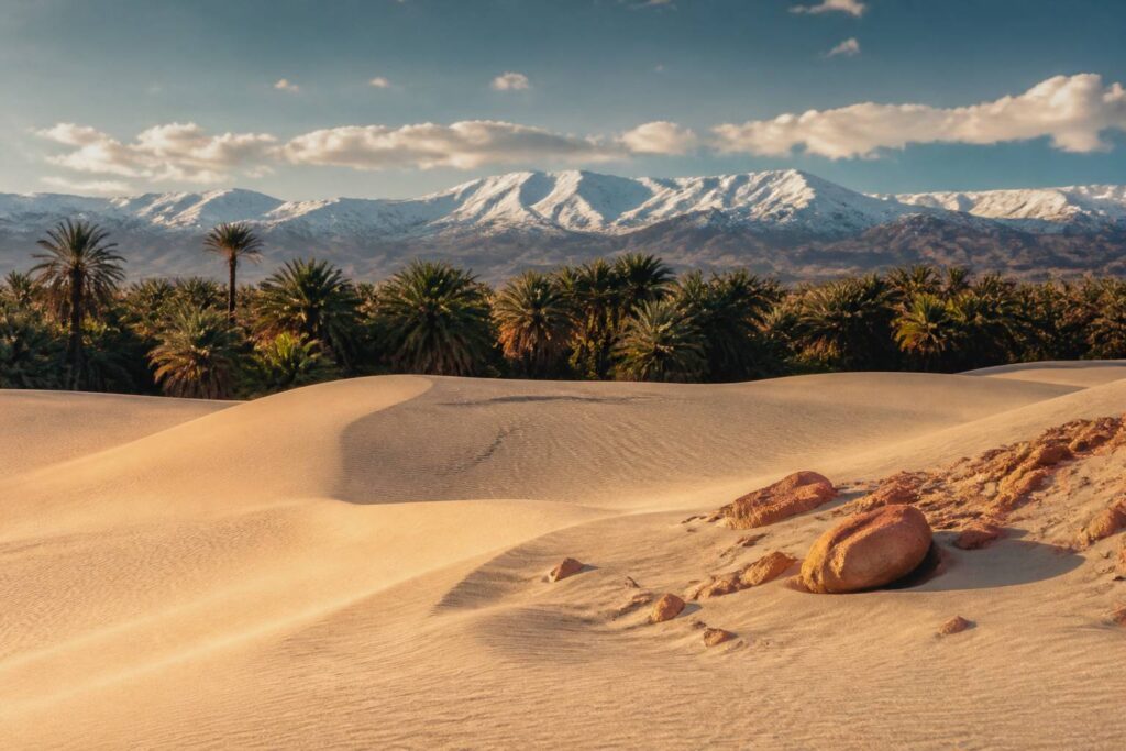 Panorama marocain entre dunes dorées et montagnes de l'Atlas