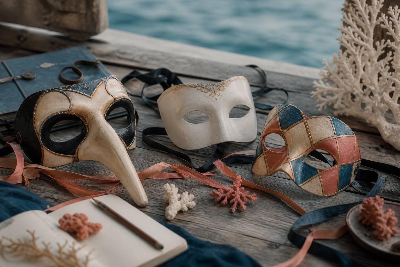 Masques traditionnels italiens posés sur du bois