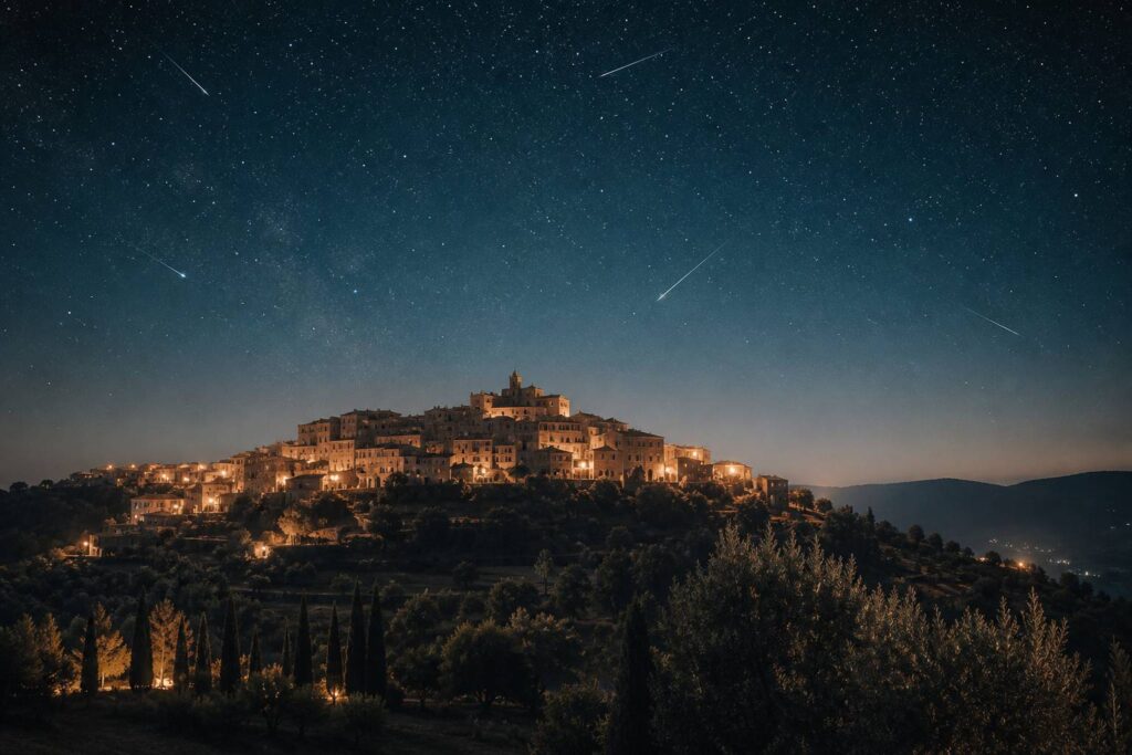 Ciel étoilé avec étoiles filantes au-dessus d'un village italien perché