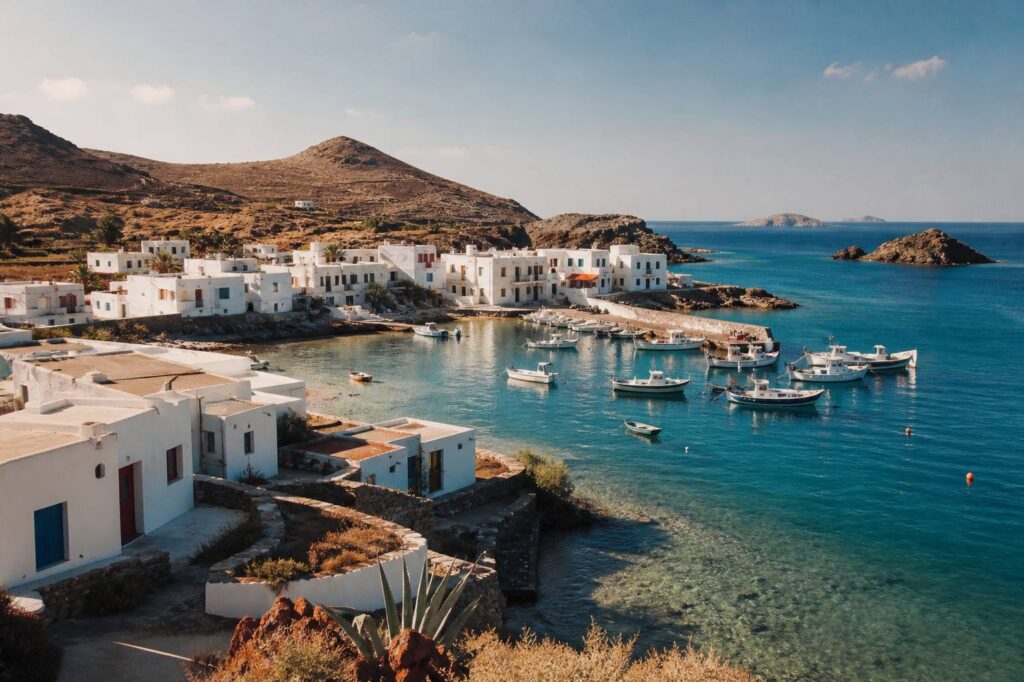 Village blanc au port avec bateaux dans une eau turquoise, île volcanique