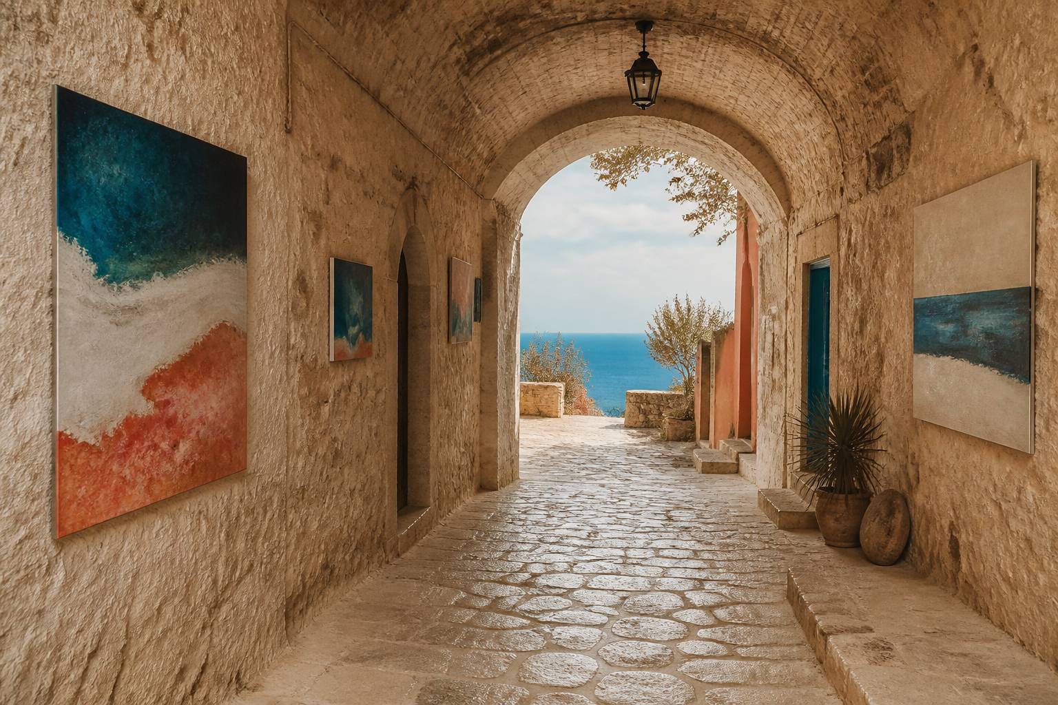 Passage voûté en pierre d'un village italien avec panneaux photographiques sur les murs