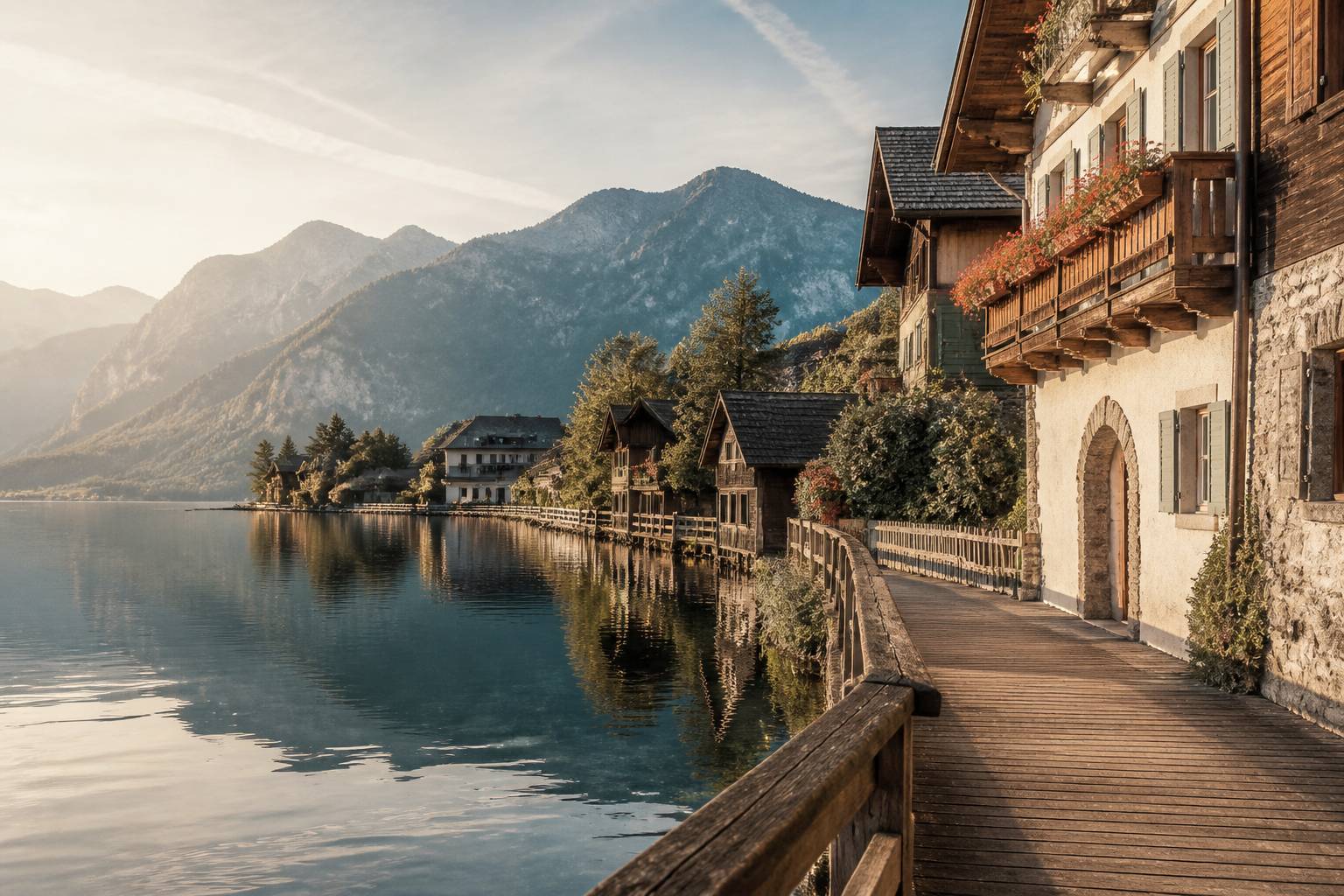 Passerelle en bois le long d'un lac de montagne face aux maisons traditionnelles