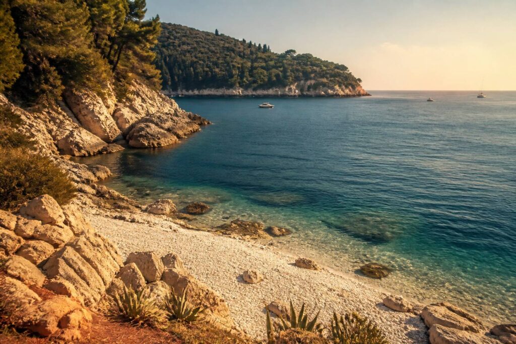 Crique de galets avec eau turquoise et falaise boisée au coucher du soleil