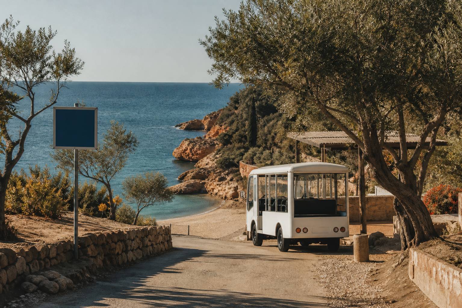 Route côtière menant à une crique avec navette et oliviers