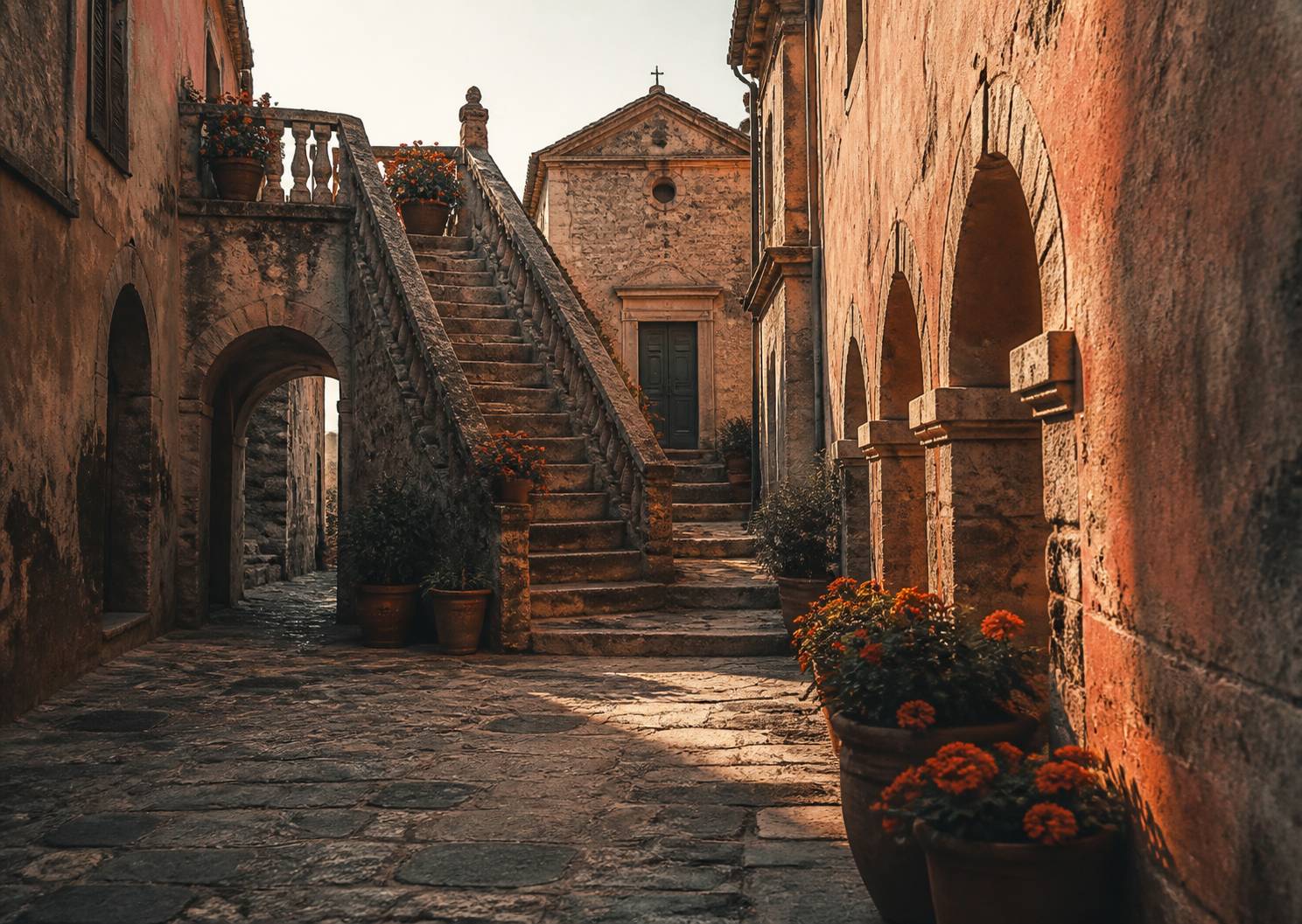 Ruelle médiévale en pierre rose avec arcades et pots de géraniums