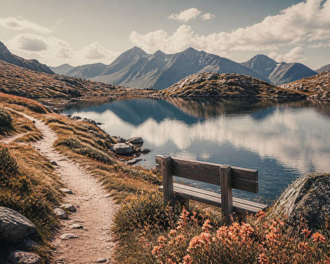 Sentier de randonnée avec banc en bois au bord du lac de Misurina