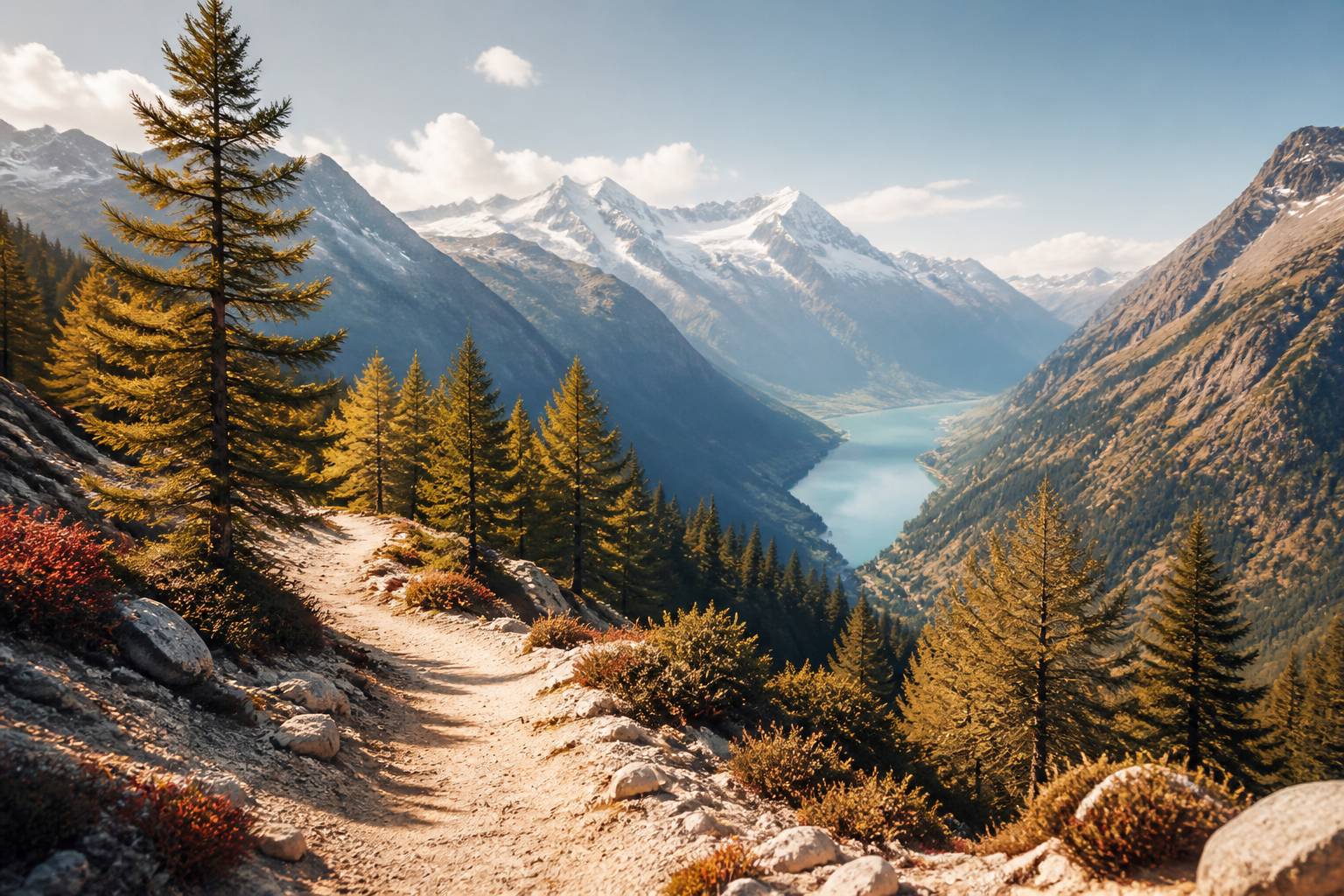 Sentier de randonnée dans une forêt de mélèzes face aux glaciers