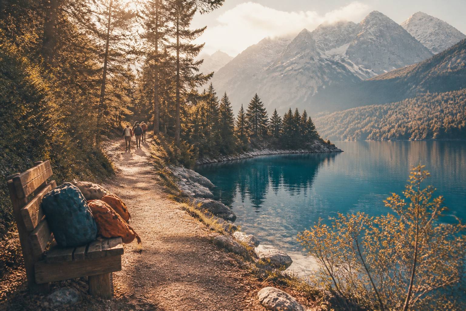 Sentier forestier au bord d'un lac de montagne au printemps