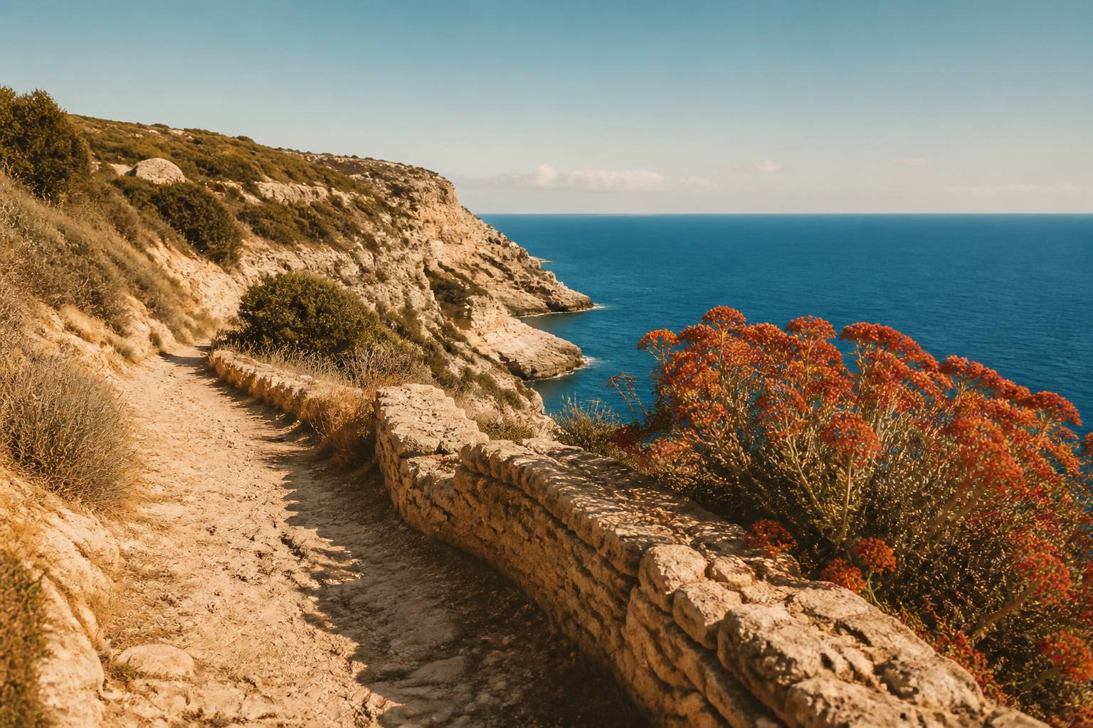Sentier de pierre le long d'une falaise avec la mer en contrebas