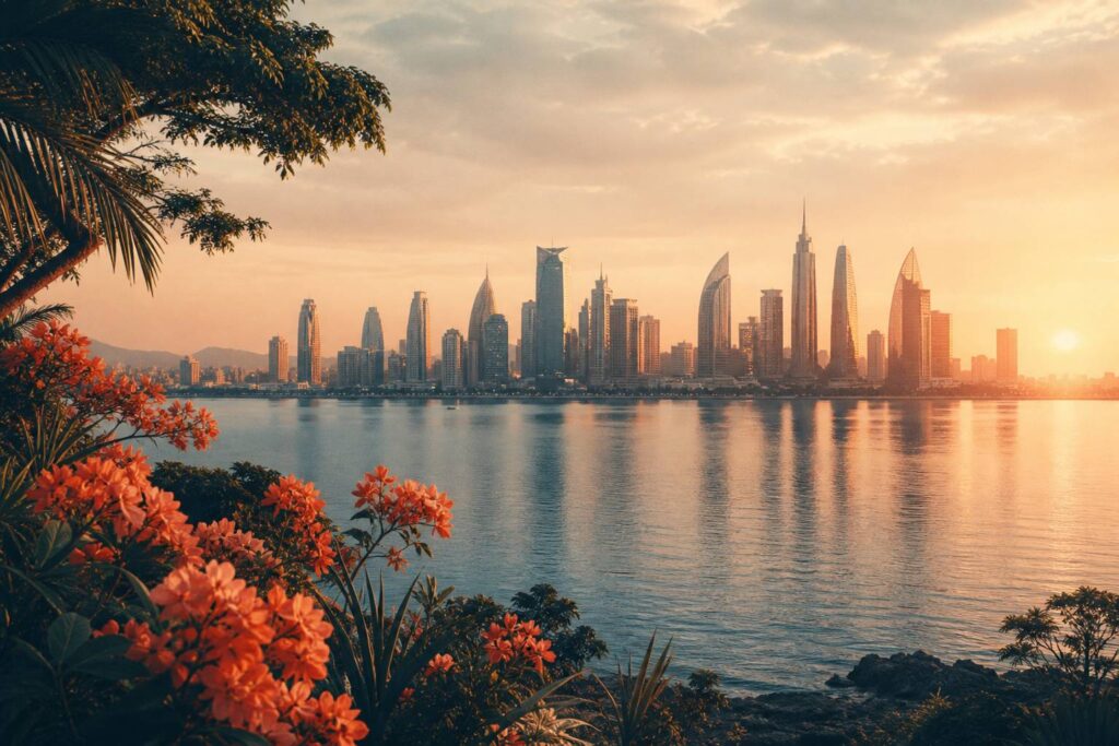 Skyline asiatique générique au crépuscule avec fleurs au premier plan