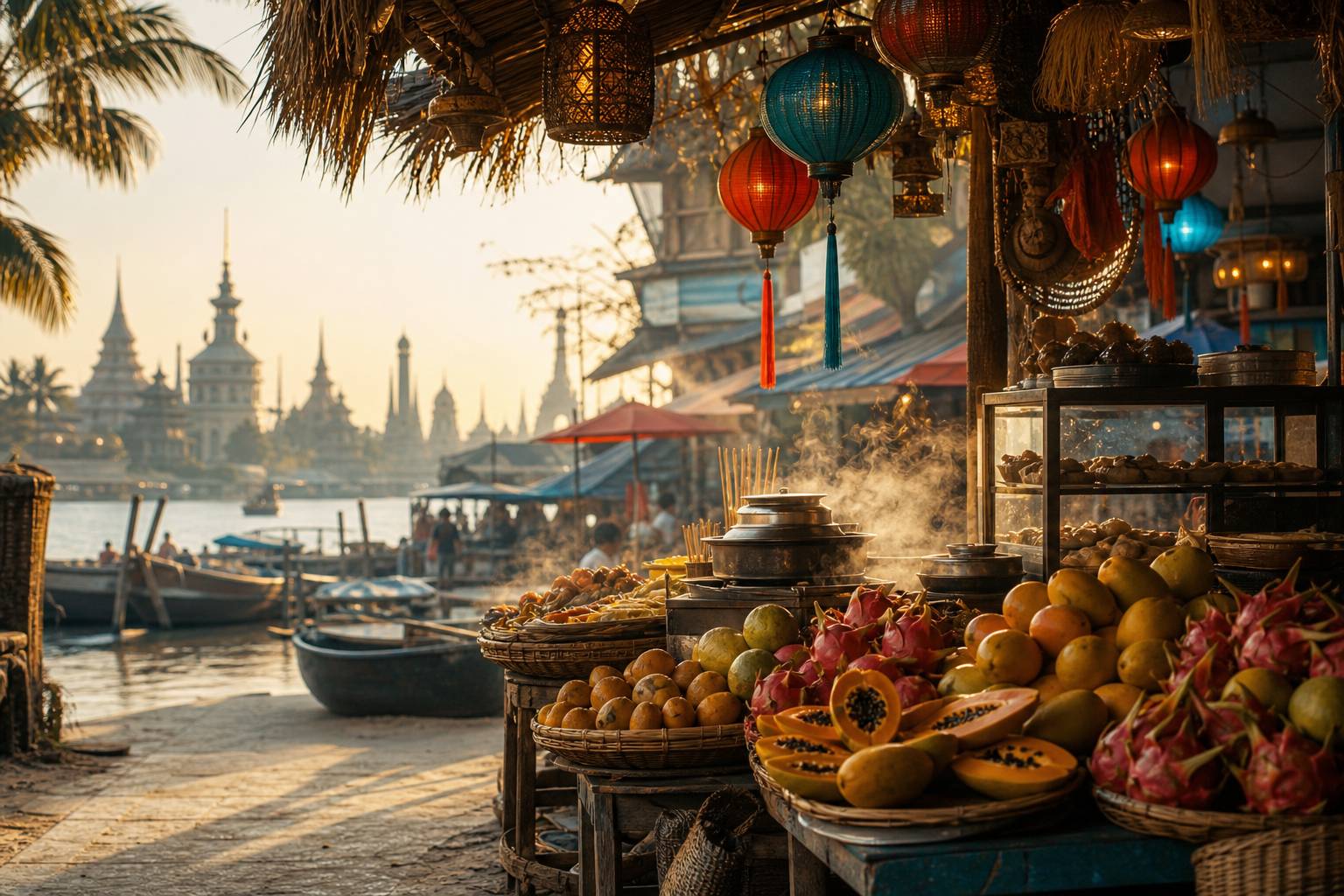 Étal de fruits tropicaux avec lanternes et plats fumants