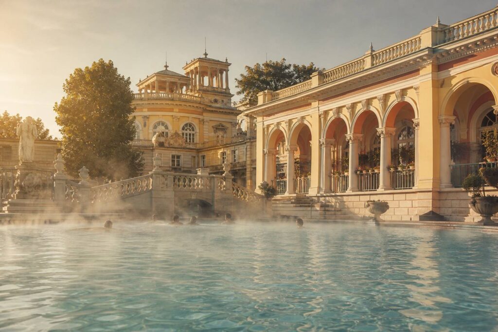 Grand bassin thermal extérieur avec vapeur et architecture historiciste jaune pâle