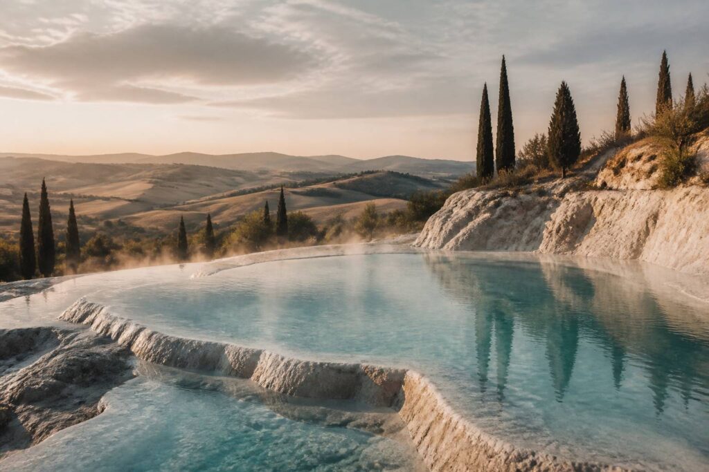Bassin thermal en Toscane entouré de cyprès avec eau turquoise et vapeur légère