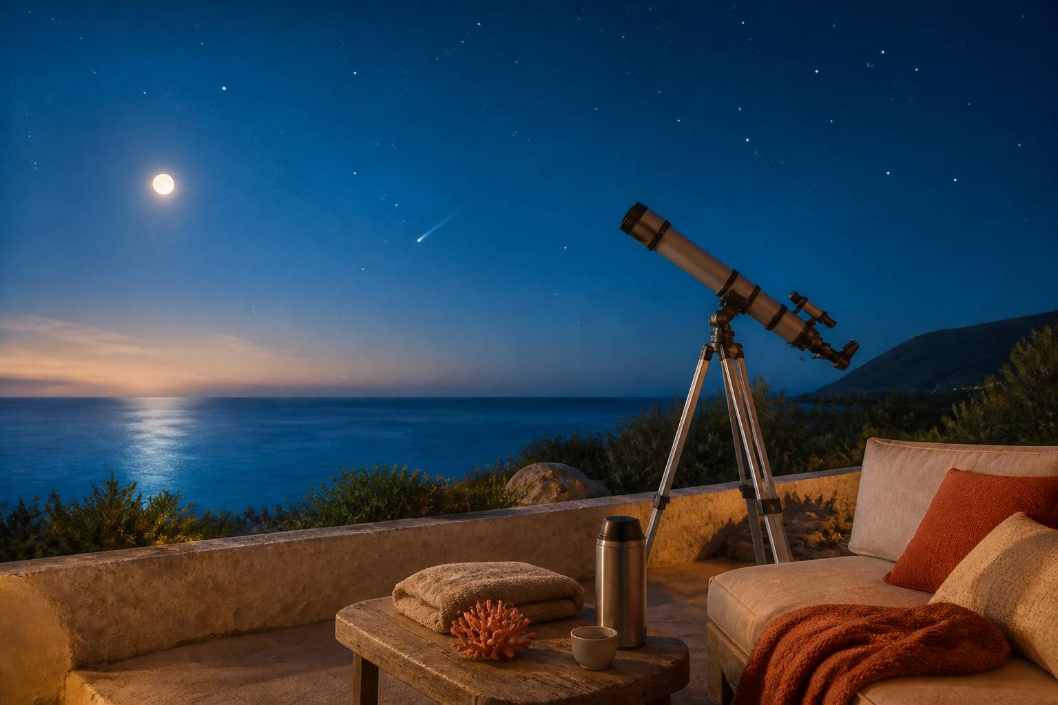 Télescope sur une terrasse pointé vers le ciel étoilé avec la mer au loin, la lune et une comète