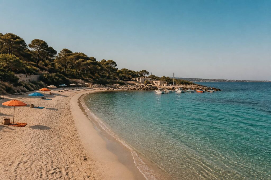 Plage de sable fin avec mer turquoise et parasols dans le Salento