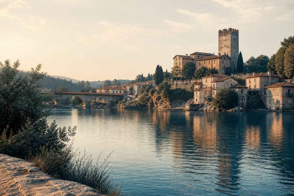 Tour du château Visconteo dominant le village de Trezzo