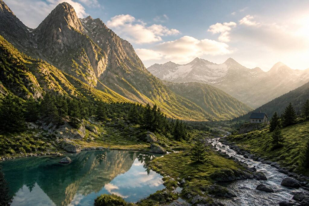 Vallée alpine avec parois de granit, prairies et petit lac de montagne