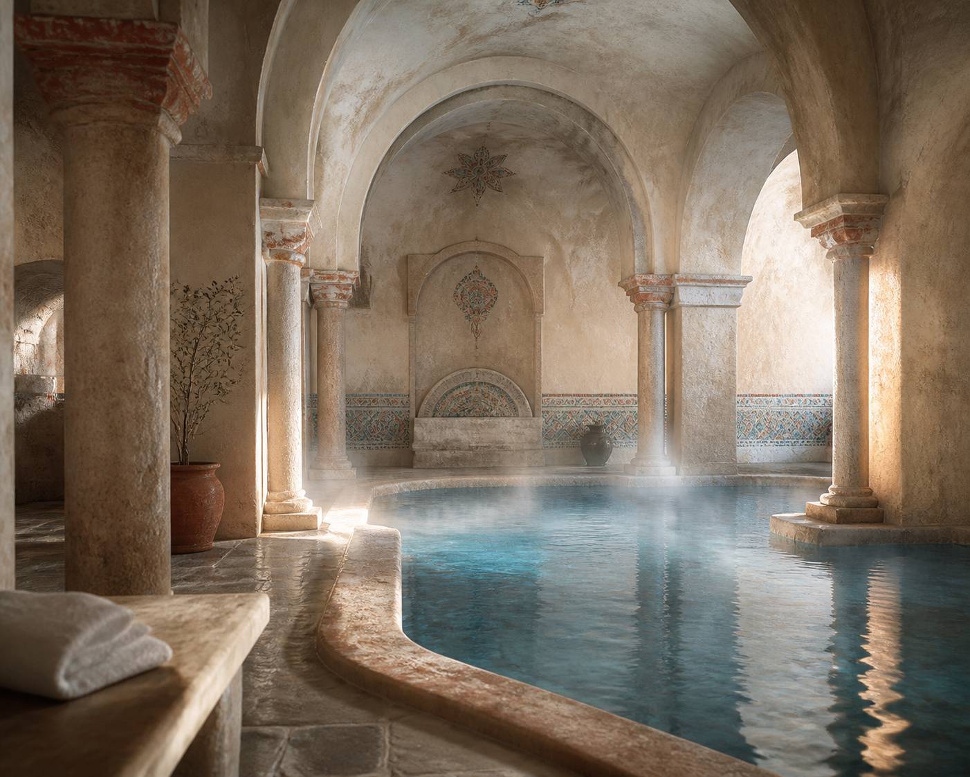 Bassin thermal intérieur voûté avec colonnes, mosaïques et vapeur douce