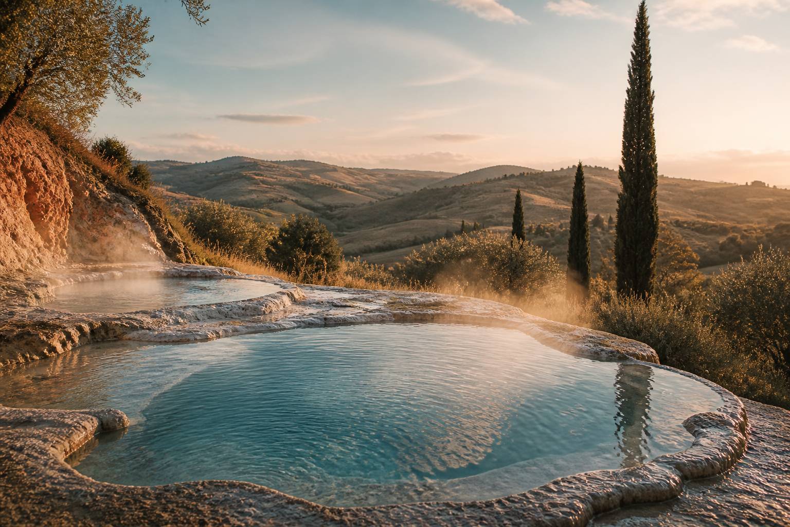 Vasques thermales naturelles dans un paysage de collines toscanes au coucher du soleil