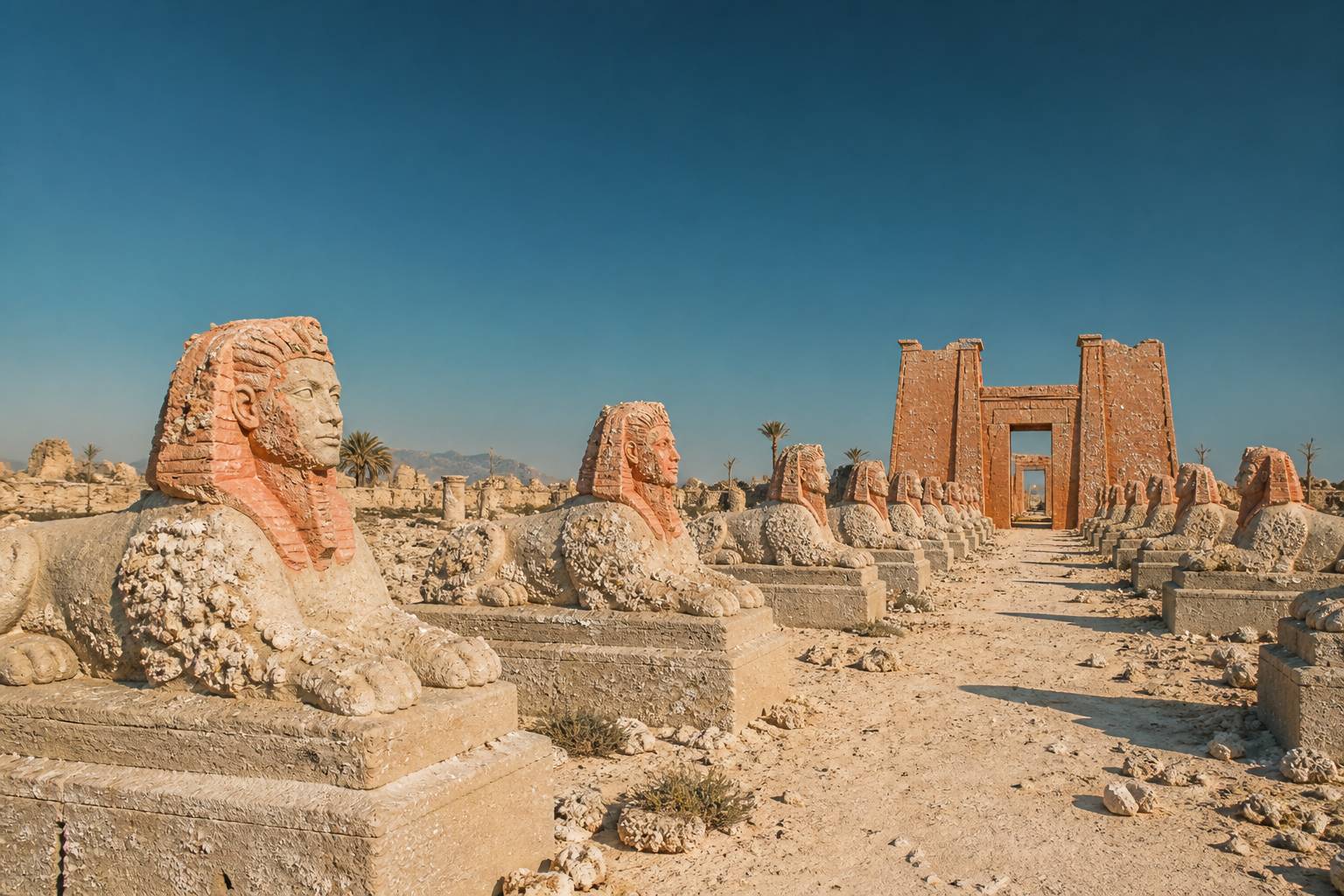 Allée de sphinx en grès menant à un temple égyptien