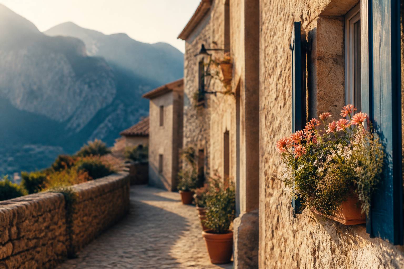 Ruelle pavée avec des fenêtres fleuries et des montagnes en arrière-plan