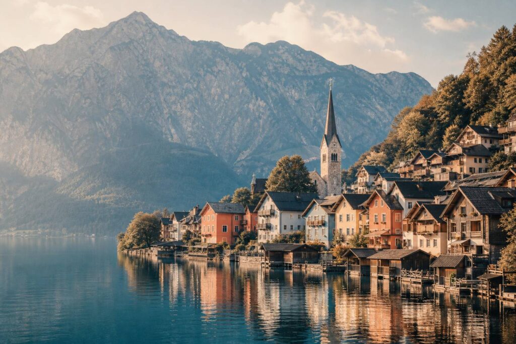 Village alpin au bord d'un lac avec maisons pastel et flèche d'église