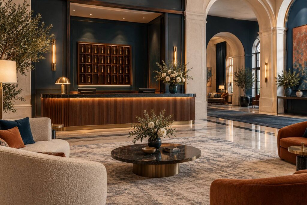 Hall d'hotel elegant avec comptoir d'accueil en bois et cles