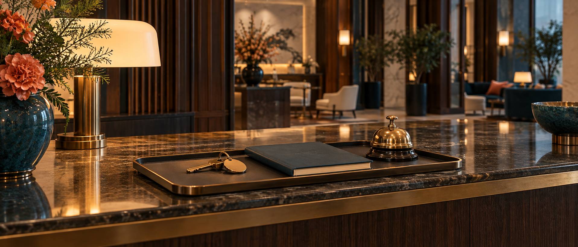 Cle et cloche de reception sur un comptoir d'accueil d'hotel
