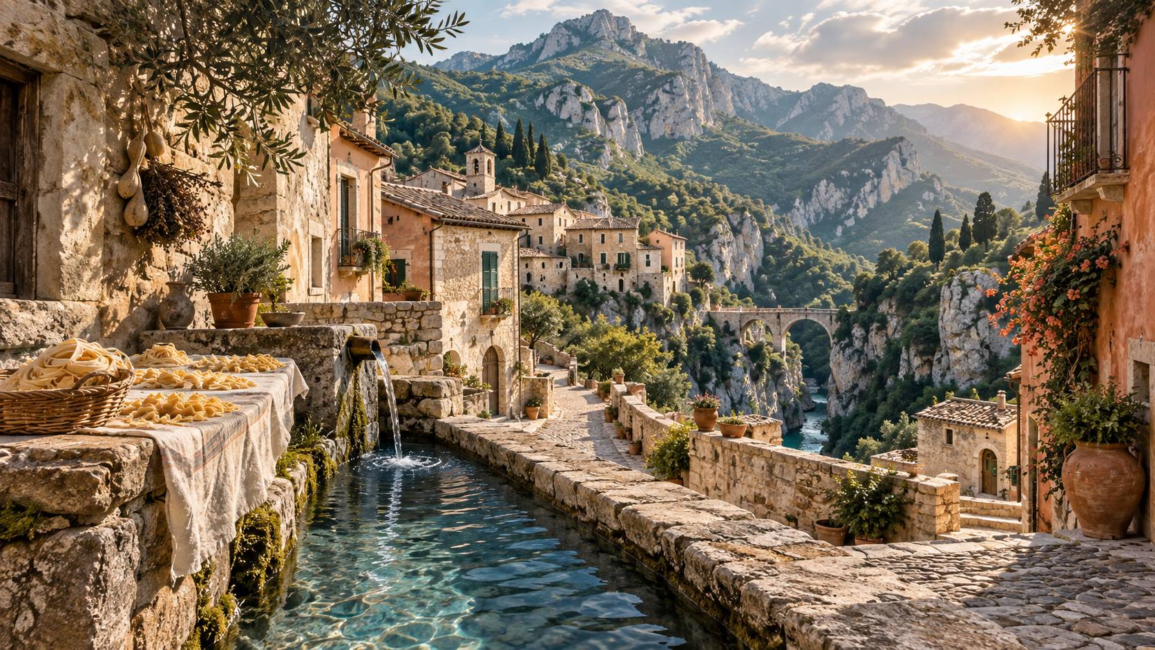 Illustration éditoriale du sujet : Fara San Martino: il suggestivo borgo verde e cuore pulsante della tradizione della pasta