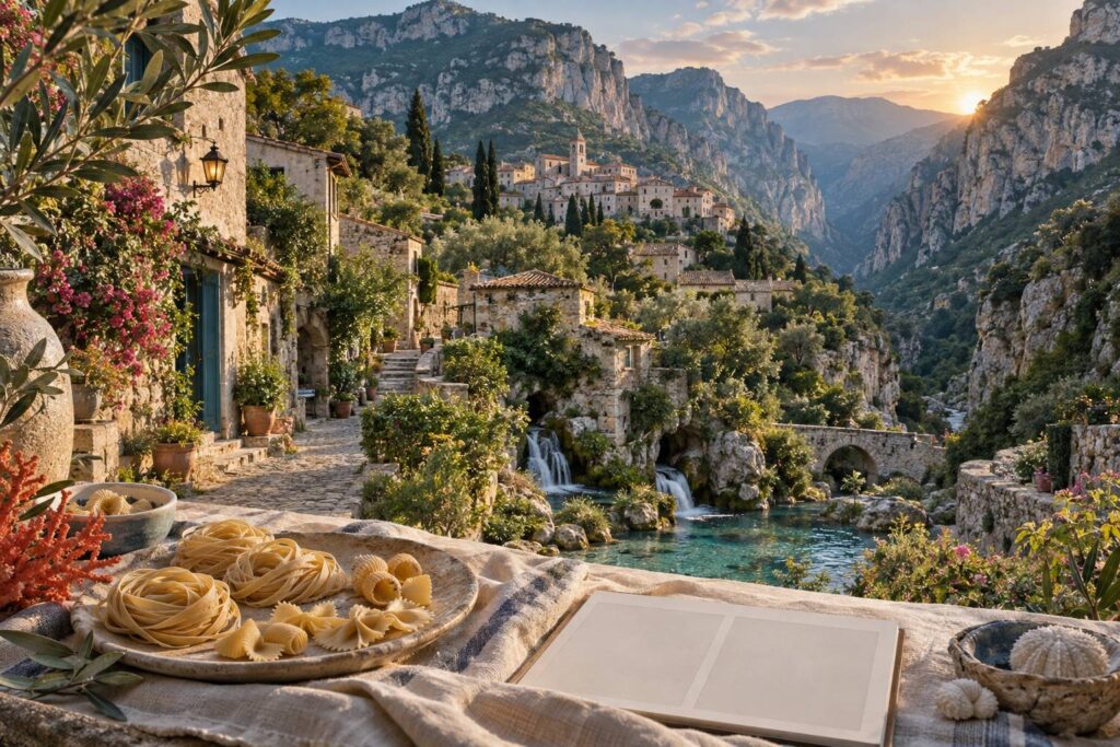 Illustration éditoriale du sujet : Fara San Martino: il suggestivo borgo verde e cuore pulsante della tradizione della pasta